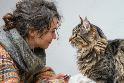 A woman with curly hair and a colorful sweater looks directly at her fluffy cat