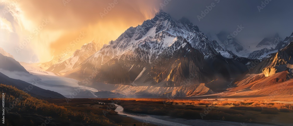 Obraz premium Majestic mountains rise above a pristine lake, with snow and ice reflecting in the clear water, creating a breathtaking natural scene for travelers.