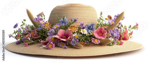 straw hat adorned with colorful flowers, capturing a whimsical and playful aesthetic perfect for summer-themed designs