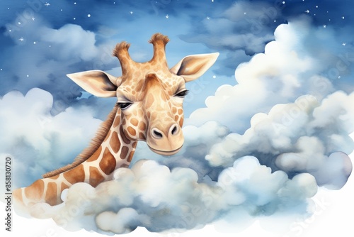 Cute giraffe on a cloud.