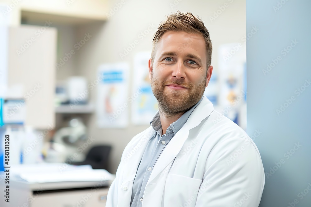 Smiling Doctor in White Coat with Blurred Background in Medical Office Smiling Doctor in White Coat with Blurred Background in Medical Office