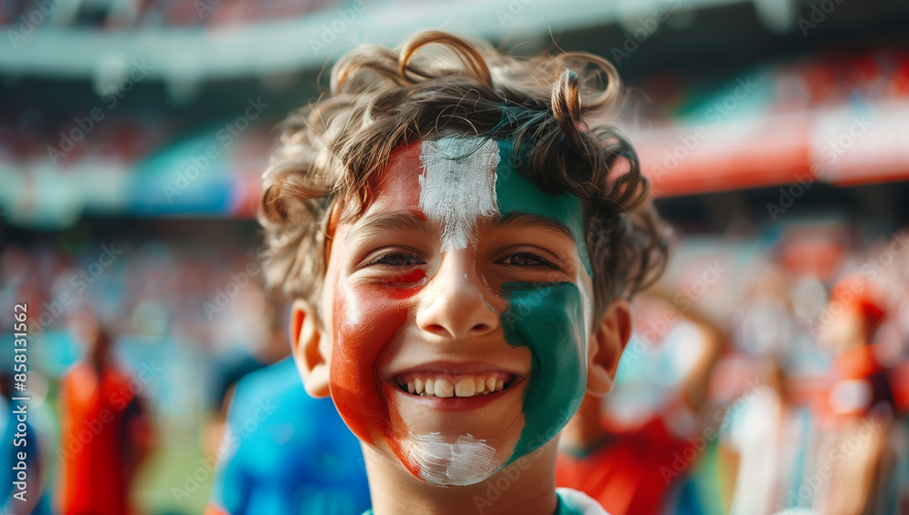 Young boy with face paint in the colors of the Italian flag at a sports event. He is smiling widely, capturing the joyful spirit of the occasion Young boy with face paint in the colors of the Italian flag at a sports event. He is smiling widely, capturing the joyful spirit of the occasion