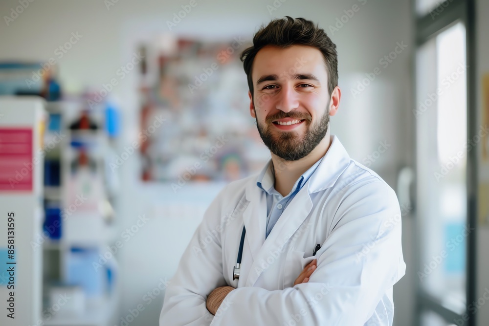 Smiling Doctor in White Coat with Blurred Background in Medical Office Smiling Doctor in White Coat with Blurred Background in Medical Office