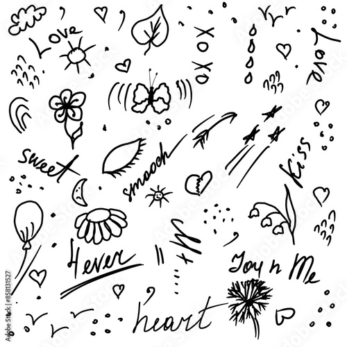 Doodle illusttratio, black and white hand drawn, ceparated elements on white background, summer, nature, leaves