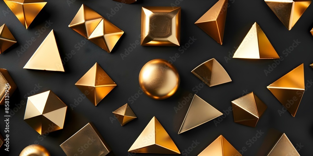 Obraz premium Golden Geometric Shapes Against a Black Background Perfect for Awards Ceremony. Concept Awards Ceremony, Golden Geometric Shapes, Black Background