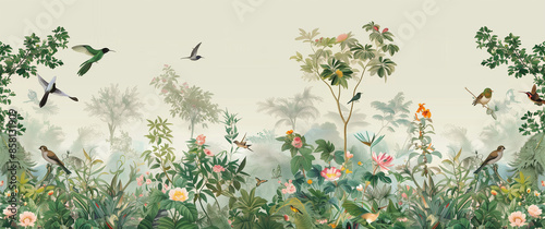 Large Exotic Garden Wallpaper with Lush Greenery and Colorful Flowers, Birds Flying Overhead, Soft Pastel Colors