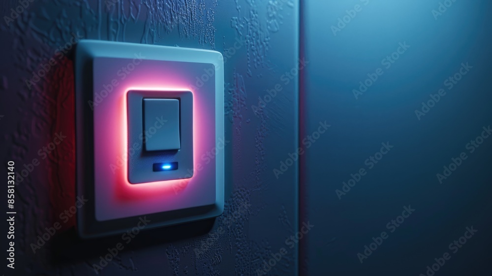 Contemporary light switch with LED indicator on dark backdrop Contemporary light switch with LED indicator on dark backdrop