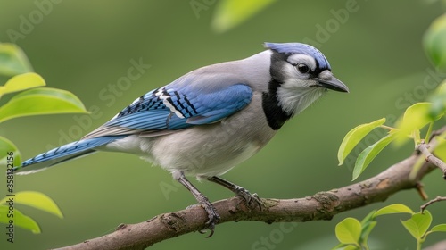 A blue jay perches on a branch, its blue feathers contrasting with the green foliage