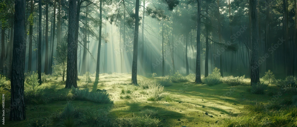 a pine forest, casting a warm glow on the green trees and mist, enhancing the autumnal beauty of the scene a pine forest, casting a warm glow on the green trees and mist, enhancing the autumnal beauty of the scene