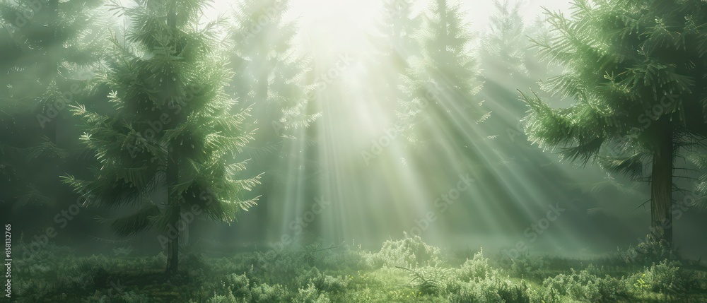 A pine forest bathed in sunlight, with green trees and misty fog, creating a serene natural landscape in autumn. A pine forest bathed in sunlight, with green trees and misty fog, creating a serene natural landscape in autumn.