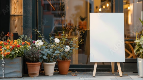 A mock-up of an empty signboard, on an easel in front of the store, surrounded by bright potted flowers, which creates a picturesque setting