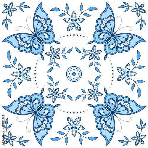 Blue butterfly and flowers seamless pattern. Romantic vintage isolated vector illustration on white background. Cute summer decor for clothes and home. Pattern for printing, embroidery, decor, etc.