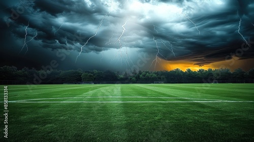 A green field is dwarfed by a dramatic stormy sky filled with multiple lightning bolts, creating a powerful and intense scene emphasizing nature's raw energy and strength. photo