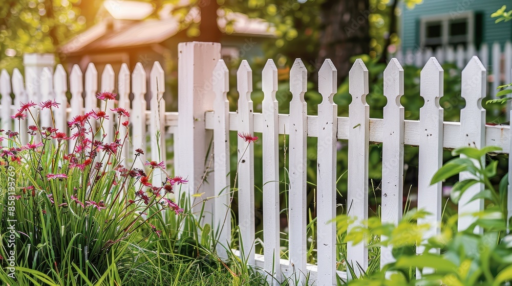 Flowering plants next to a white picket fence with vibrant flowers and fresh greenery, creating a serene and picturesque garden scene during sunset. Flowering plants next to a white picket fence with vibrant flowers and fresh greenery, creating a serene and picturesque garden scene during sunset.