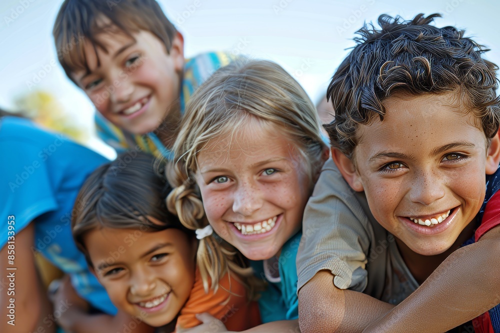Portrait of smiling group of children looking at camera on sunny day Portrait of smiling group of children looking at camera on sunny day