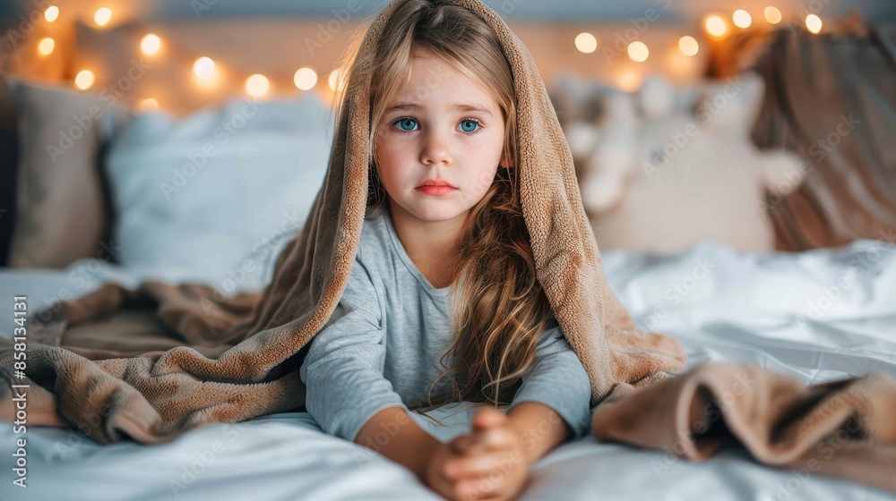 A young child, concealed under a blanket with a backdrop of warm, dim lighting, captivates attention with their serene expression and creates a peaceful and cozy atmosphere. A young child, concealed under a blanket with a backdrop of warm, dim lighting, captivates attention with their serene expression and creates a peaceful and cozy atmosphere.
