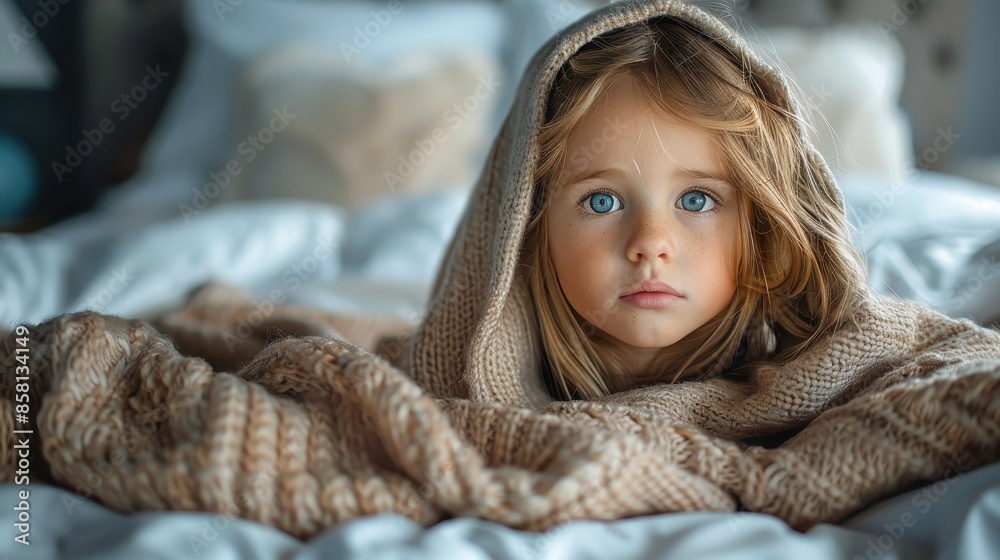 A young child under a blanket looks up with bright, big eyes, creating a warm and inviting atmosphere in a room with soft light that highlights childhood innocence. A young child under a blanket looks up with bright, big eyes, creating a warm and inviting atmosphere in a room with soft light that highlights childhood innocence.