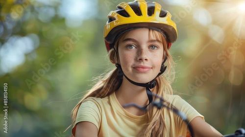 A girl with a yellow bike helmet smiles confidently while outdoors on a sunny day. She embodies the thrill of youth and outdoor adventure amidst surrounding greenery.