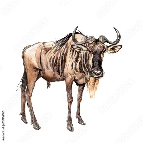 wildebeest (gnu) on a white background, capturing its distinctive horns and robust body. Ideal for wildlife art and educational materials