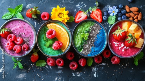 Colorful Smoothie Bowls: Vibrant smoothie bowls filled with blended fruits like acai, pitaya, or spinach. Topped with an artistic arrangement of fresh fruits, nuts, seeds, and edible flowers.
