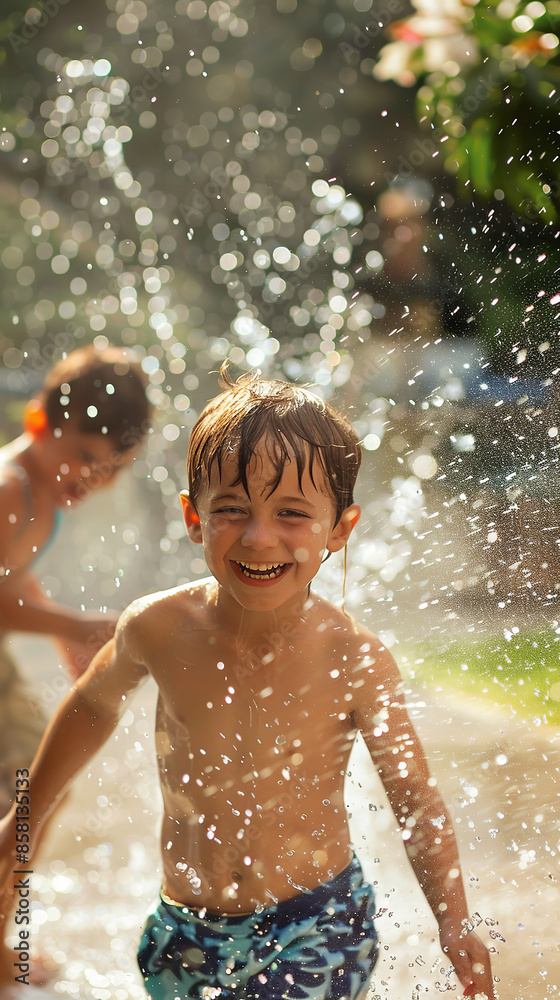 Obraz premium Joyful Children Playing in Sprinklers on a Hot Summer Day