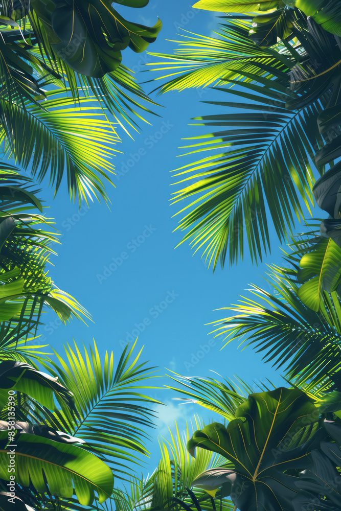 Fototapeta premium Flat vector design of palm leaves with a clear and peaceful blue sky,