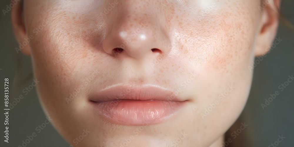 Obraz premium Close-Up Photo of Woman's Face Showing Melasma Skin Condition Caused by Sun Exposure. Concept Skin Health, Sun Damage, Melasma Treatment, Close-Up Photography, Skin Conditions
