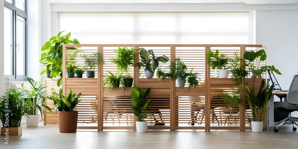 Creating a Tranquil Workspace with Wood Plant Dividers. Concept Workspace Design, Tranquil Environment, Wooden Decor, Plant Dividers, Productivity Boost Creating a Tranquil Workspace with Wood Plant Dividers. Concept Workspace Design, Tranquil Environment, Wooden Decor, Plant Dividers, Productivity Boost