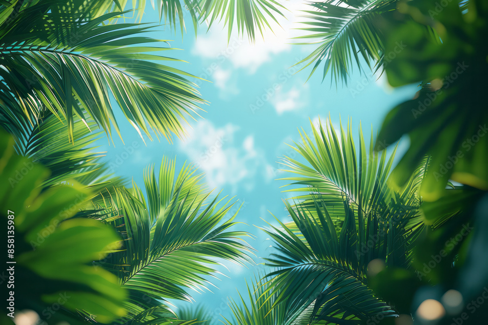 Tropical flat design of palm leaves with a serene blue sky background, Tropical flat design of palm leaves with a serene blue sky background,