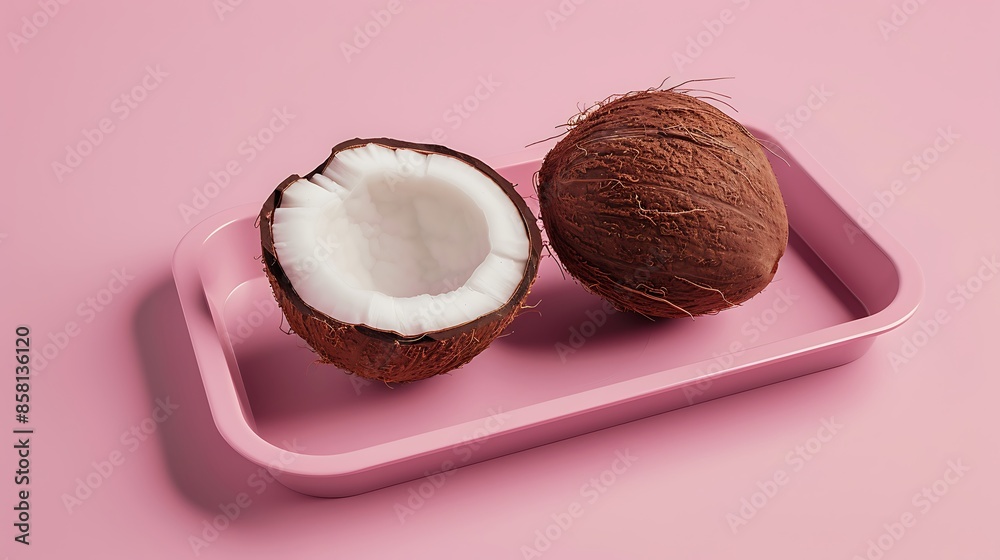 Coconut on plastic tray in a pink background very detailed and realistic shape Coconut on plastic tray in a pink background very detailed and realistic shape