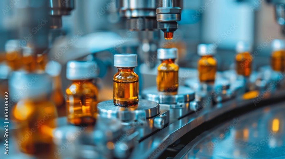 medicine production line, glass ampoules with medicines on a conveyor belt of a pharmaceutical enterprise medicine production line, glass ampoules with medicines on a conveyor belt of a pharmaceutical enterprise