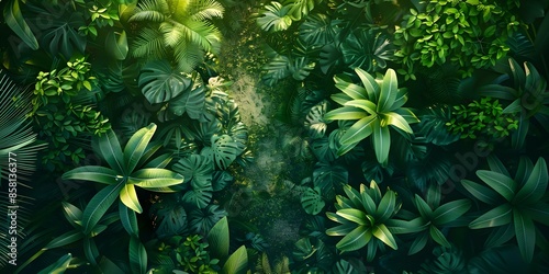 Tropical undergrowth conceals pathways and provides shelter for forest creatures. Concept Tropical Rainforest, Wildlife Habitat, Dense Foliage, Hidden Trails, Biodiversity photo