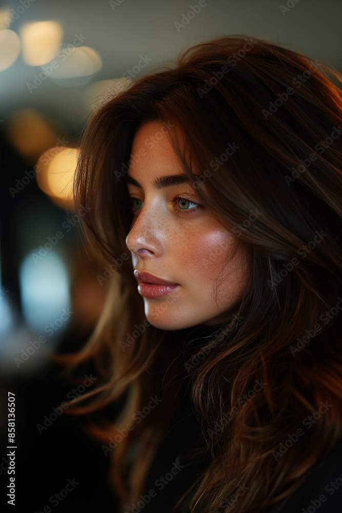 A hairstylist blow-drying a client's hair, capturing movement and glamour.Closeup of womans face with long hair, using flash and portrait techniques A hairstylist blow-drying a client's hair, capturing movement and glamour.Closeup of womans face with long hair, using flash and portrait techniques