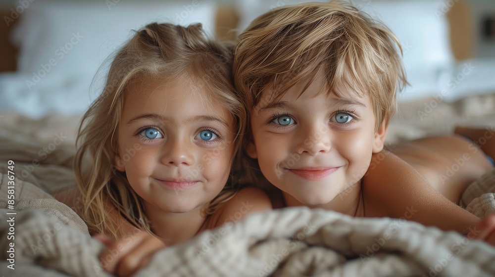 Two young children, brother and sister, with bright, joyful smiles, lying down together under cozy covers, creating a heartwarming and affectionate family moment. Two young children, brother and sister, with bright, joyful smiles, lying down together under cozy covers, creating a heartwarming and affectionate family moment.