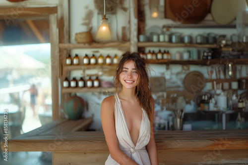 A skincare influencer sharing product recommendations on social media, building community and trust.A woman with a plunging neckline dress is standing in a kitchen
