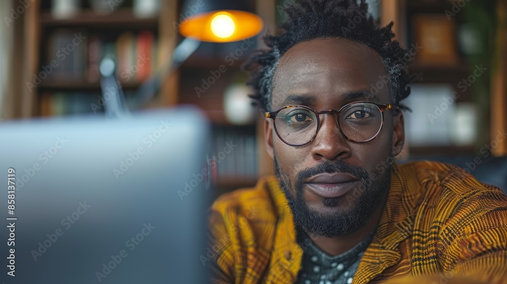 Fototapeta premium A man with glasses and a textured yellow jacket sits in a scholarly setting, captured with a focused look and warm lighting that emphasizes his thoughtful expression and surroundings.