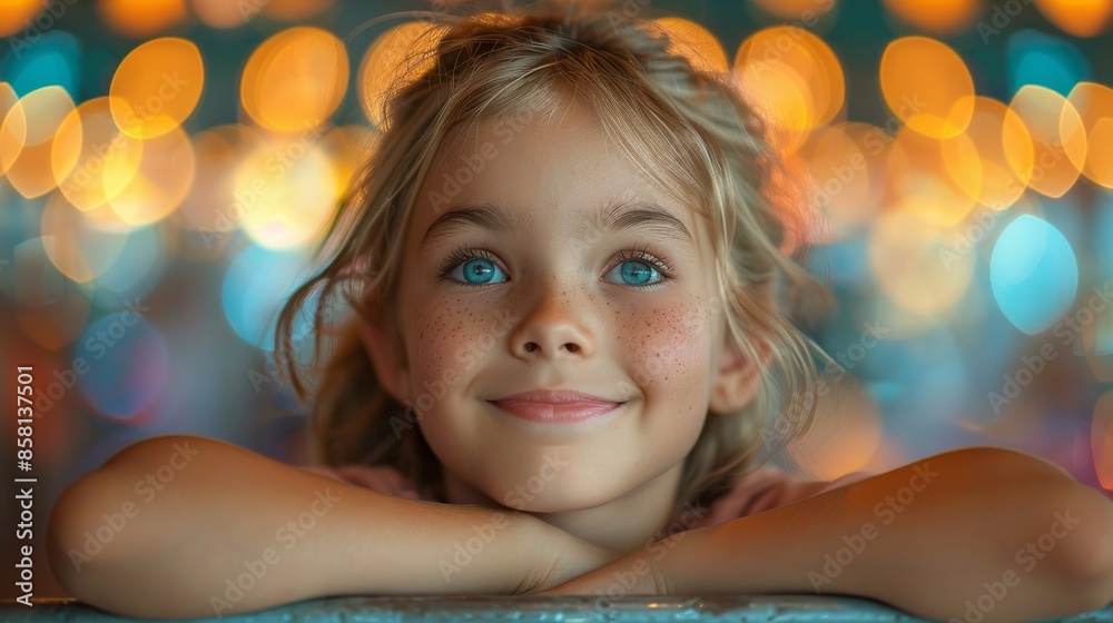 A freckled girl gazes dreamily at the colorful, bright lights behind her, her face lit up with a sense of wonder, capturing a moment of childish daydreaming. A freckled girl gazes dreamily at the colorful, bright lights behind her, her face lit up with a sense of wonder, capturing a moment of childish daydreaming.