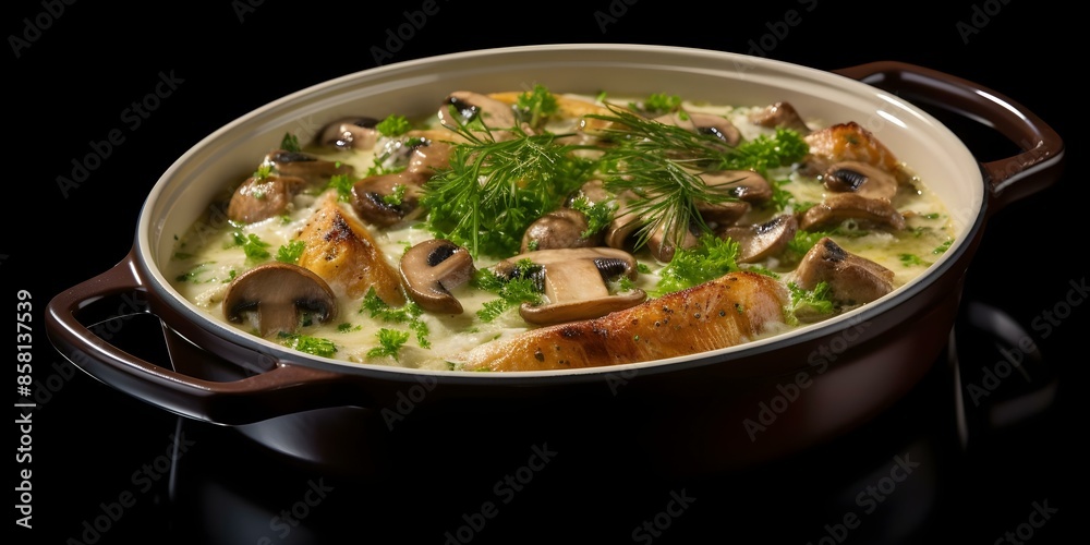 Blanquette de Veau dish on a white background. Concept French Cuisine, Blanquette de Veau, Gourmet Dining, Culinary Delight, Food Photography Blanquette de Veau dish on a white background. Concept French Cuisine, Blanquette de Veau, Gourmet Dining, Culinary Delight, Food Photography