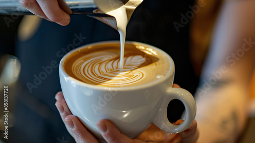a person pouring milk into a cup of coffee