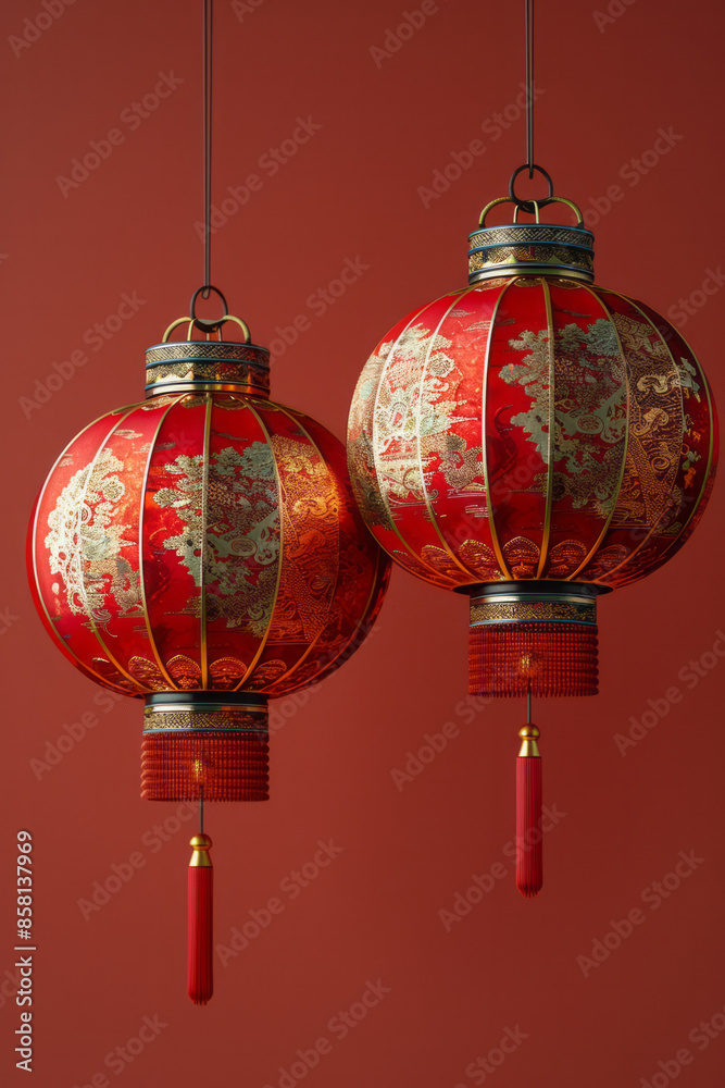 Two traditional Chinese lanterns with gold and jade embossing on a simple red background, Two traditional Chinese lanterns with gold and jade embossing on a simple red background,