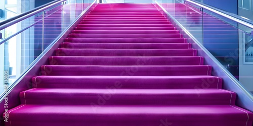 Luxurious foyer with bright cerise carpeted stairs glass balustrades and minimalist design. Concept Luxury Interior Design, Bright and Colorful, Modern and Minimalist, Glass Balustrades
