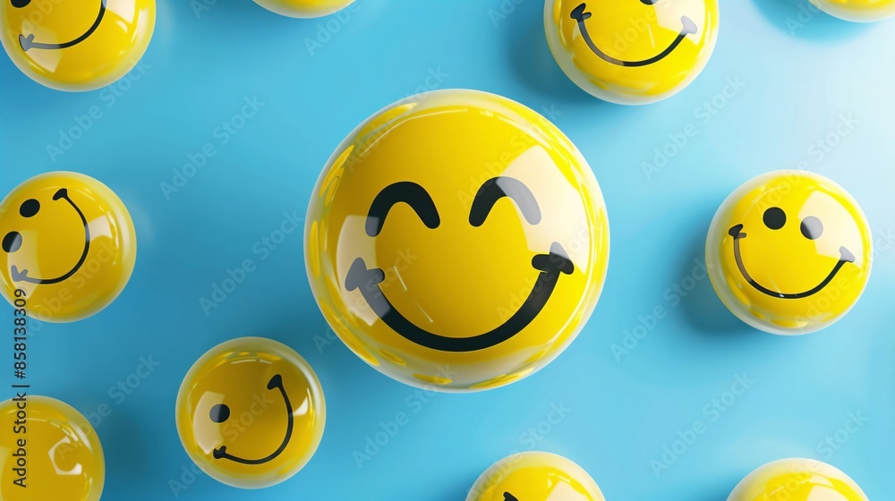 Smiling Yellow Emojis on Blue Background Smiling Yellow Emojis on Blue Background