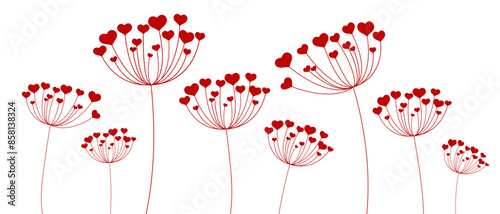 Obraz na płótnie Vector illustration dandelion time. Dandelion seeds blowing in the wind. Hearts Dandelion seeds blowing in the wind. The wind inflates a dandelion isolated in White background. w salonie