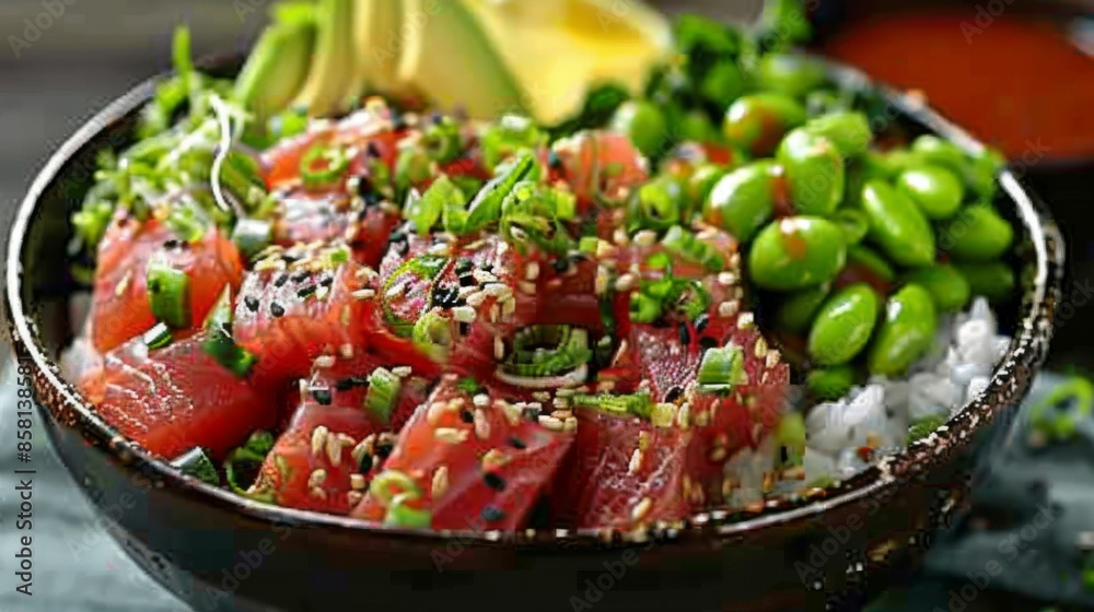 Fusion Poke Bowl: Bowls filled with sushi rice, marinated tuna or salmon, edamame, avocado, and a variety of fresh vegetables. Fusion Poke Bowl: Bowls filled with sushi rice, marinated tuna or salmon, edamame, avocado, and a variety of fresh vegetables.