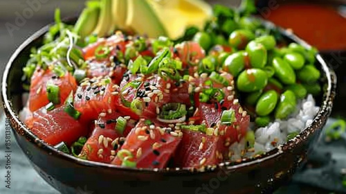 Fusion Poke Bowl: Bowls filled with sushi rice, marinated tuna or salmon, edamame, avocado, and a variety of fresh vegetables.