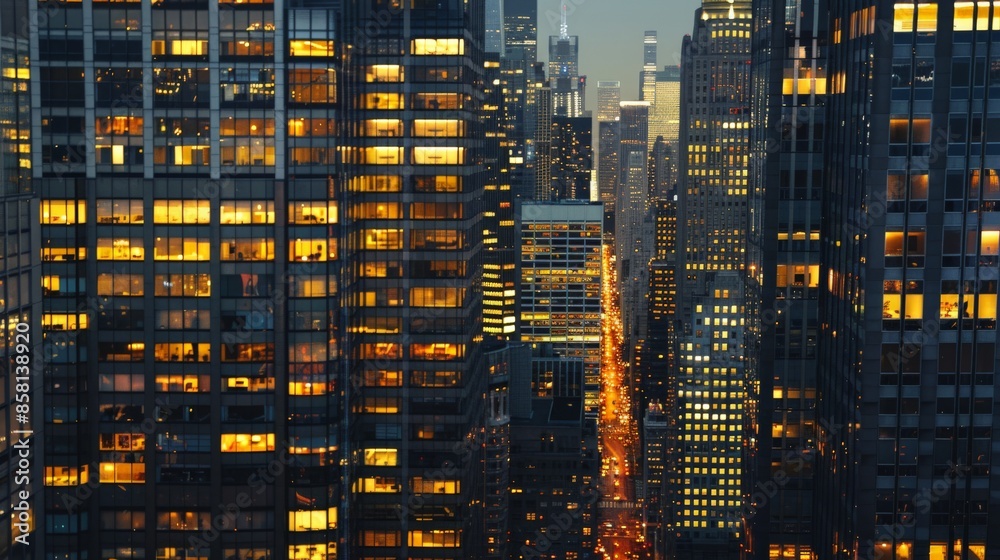 Obraz premium Modern city skyline at dusk with glowing building windows