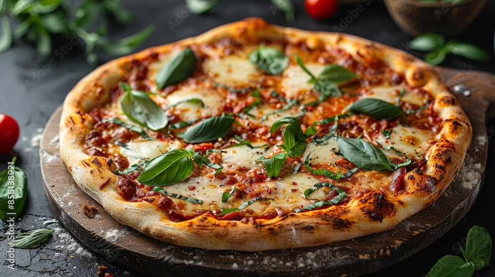 A beautifully cooked pizza featuring fresh basil leaves and tomato slices is placed on a rustic wooden board, offering a visual feast for food lovers and culinary enthusiasts. A beautifully cooked pizza featuring fresh basil leaves and tomato slices is placed on a rustic wooden board, offering a visual feast for food lovers and culinary enthusiasts.