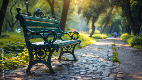 Fototapeta Naklejka Na Ścianę i Meble -  An empty park bench along a sunlit, cobblestone path through trees.