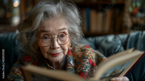 A grey-haired woman reads a book, wearing vintage glasses, surrounded by a nostalgic ambiance with cozy decor in a warmly lit room, reflecting wisdom and tranquility.