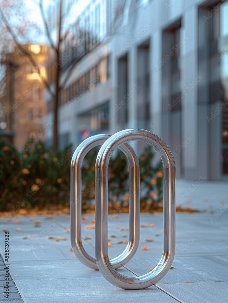 A modern bicycle rack in an urban setting with buildings in the background. A modern bicycle rack in an urban setting with buildings in the background.